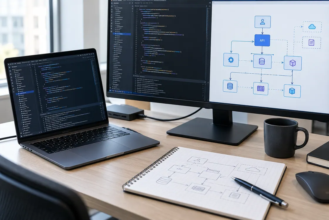 Representative engineering workspace with application code, an architecture diagram and a system design sketch
